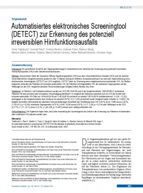 Vorschauseite 1: Automatisiertes elektronisches Screeningtool (DETECT) zur Erkennung des potenziell irreversiblen Hirnfunktionsausfalls