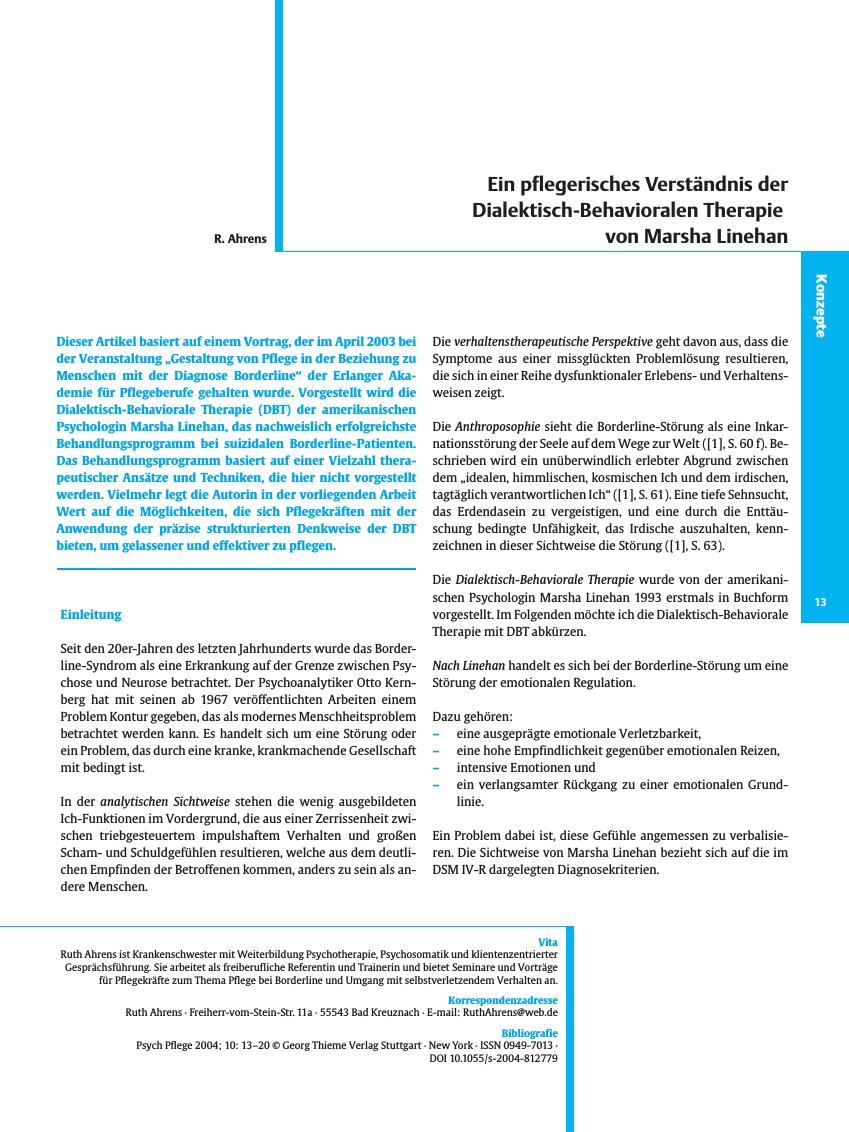 Vorschauseite 1: Ein pflegerisches Verständnis der Dialektisch-Behavioralen Therapie von Marsha Linehan