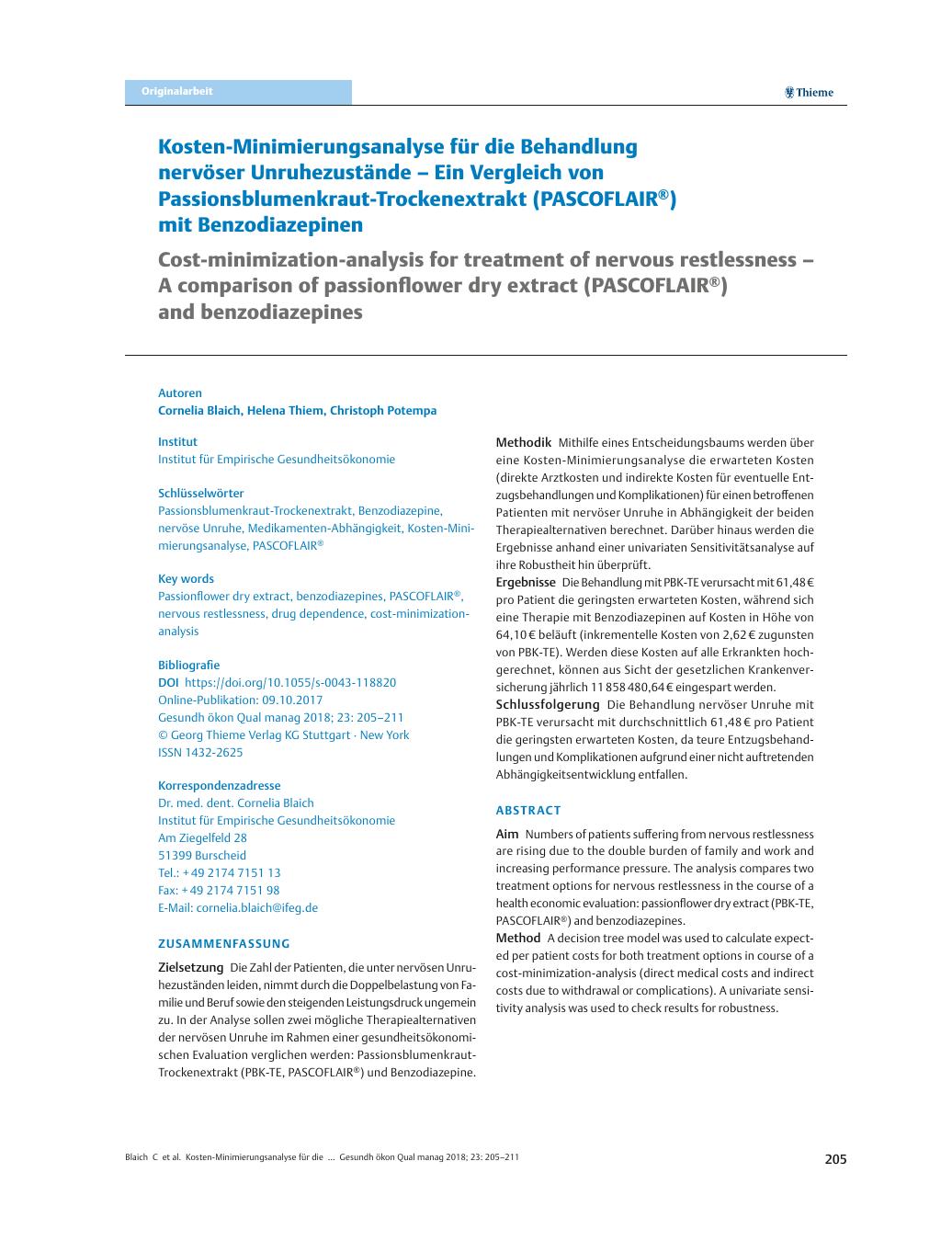 Vorschauseite 1: Kosten-Minimierungsanalyse für die Behandlung nervöser Unruhezustände – Ein Vergleich von Passionsblumenkraut-Trockenextrakt (PASCOFLAIR®) mit Benzodiazepinen