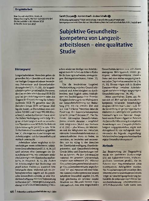 Vorschauseite 1: Subjektive Gesundheitskompetenz von Langzeitarbeitslosen - eine qualitative Studie