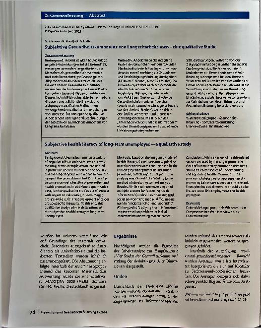 Vorschauseite 3: Subjektive Gesundheitskompetenz von Langzeitarbeitslosen - eine qualitative Studie