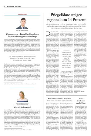 Vorschauseite 1: Pflegelöhne steigen regional um 14 Prozent