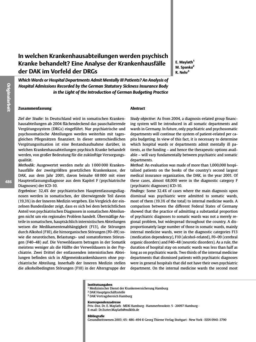 Vorschauseite 1: In welchen Krankenhausabteilungen werden psychisch Kranke behandelt? Eine Analyse der Krankenhausfälle der DAK im Vorfeld der DRGs