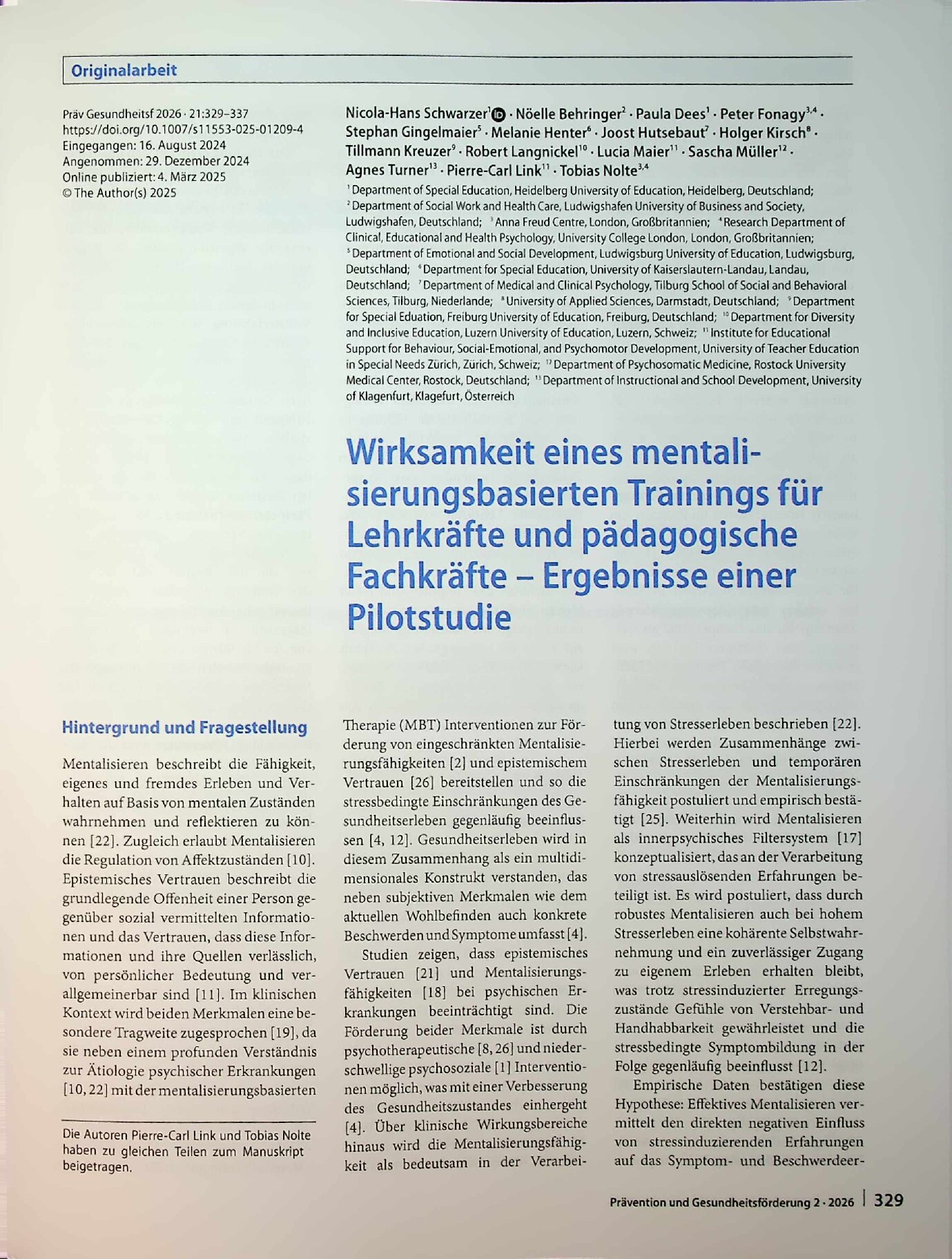 Vorschauseite 1: Wirksamkeit eines mentalisierungsbasierten Trainings für Lehrkräfte und pädagogische Fachkräfte – Ergebnisse einer Pilotstudie