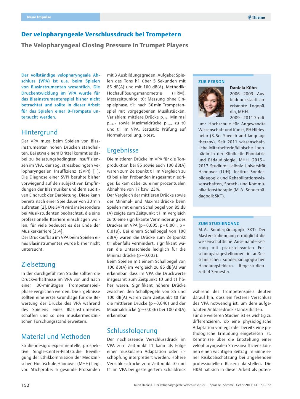 Vorschauseite 1: Der velopharyngeale Verschlussdruck bei Trompetern