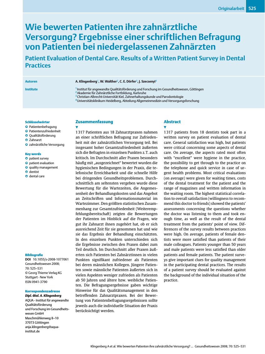 Vorschauseite 1: Wie bewerten Patienten ihre zahnärztliche Versorgung? Ergebnisse einer schriftlichen Befragung von Patienten bei niedergelassenen Zahnärzten