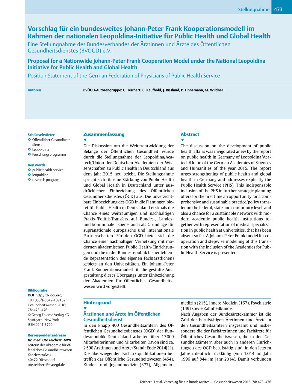 Vorschauseite 1: Vorschlag für ein bundesweites Johann-Peter Frank Kooperationsmodell im Rahmen der nationalen Leopoldina-Initiative für Public Health und Global Health