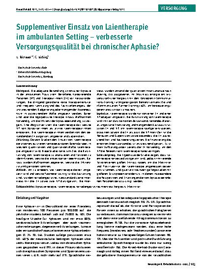Vorschauseite 1: Supplementiver Einsatz von Laientherapie im ambulanten Setting – verbesserte Versorgungsqualität bei chronischer Aphasie?