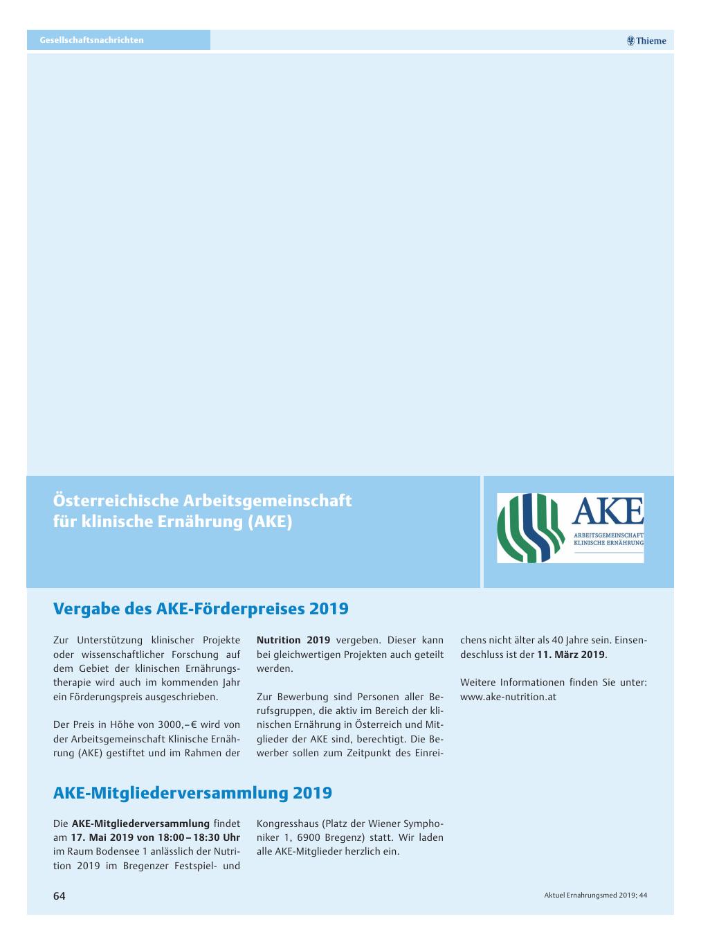 Vorschauseite 1: Österreichische Arbeitsgemeinschaft für klinische Ernährung (AKE)
