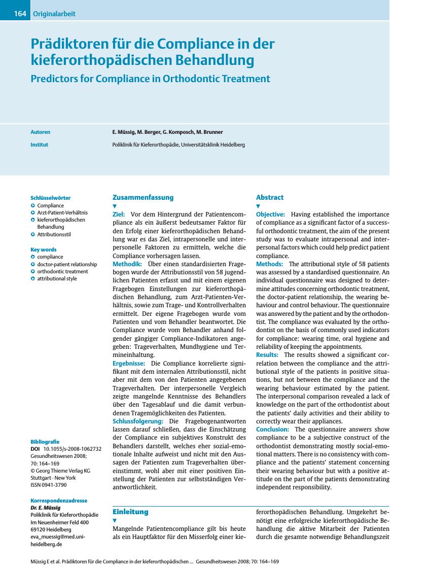 Vorschauseite 1: Prädiktoren für die Compliance in der kieferorthopädischen Behandlung
