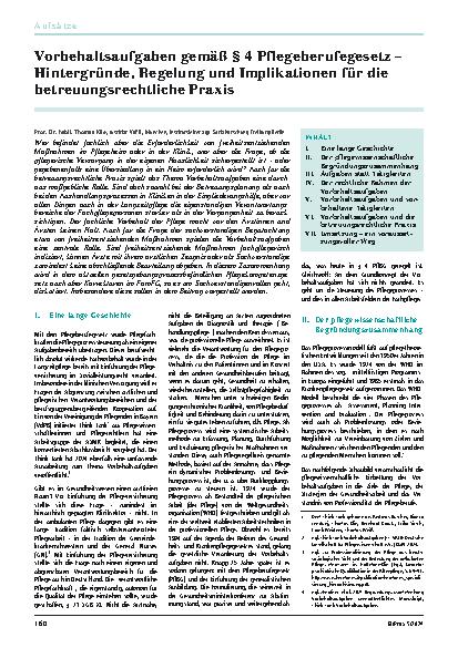 Vorschauseite 1: Vorbehaltsaufgaben gemäß § 4 Pflegeberufegesetz – Hintergründe, Regelung und Implikationen für die betreuungsrechtliche Praxis