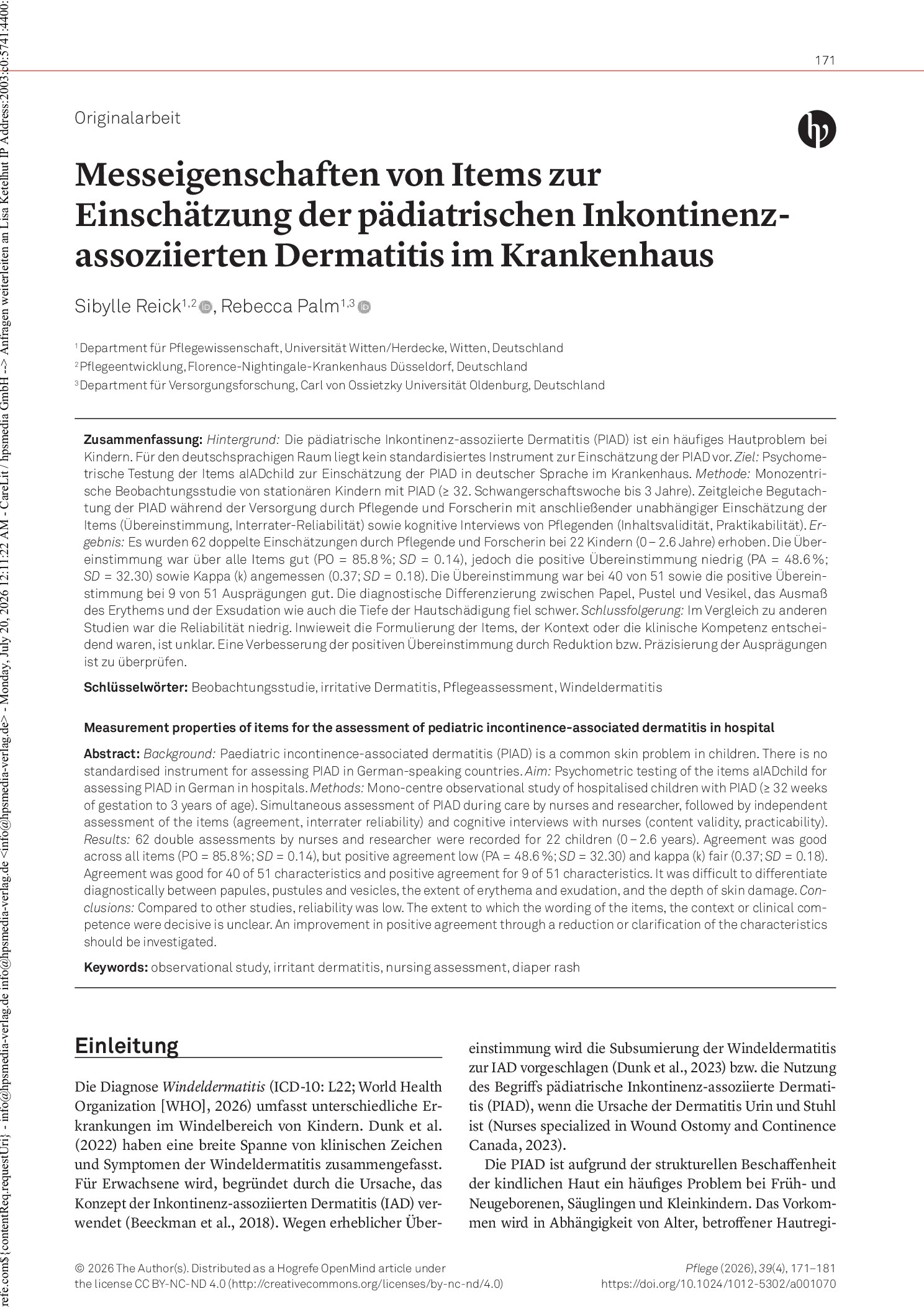 Vorschauseite 1: Messeigenschaften von Items zur Einschätzung der pädiatrischen Inkontinenz-assoziierten Dermatitis im Krankenhaus