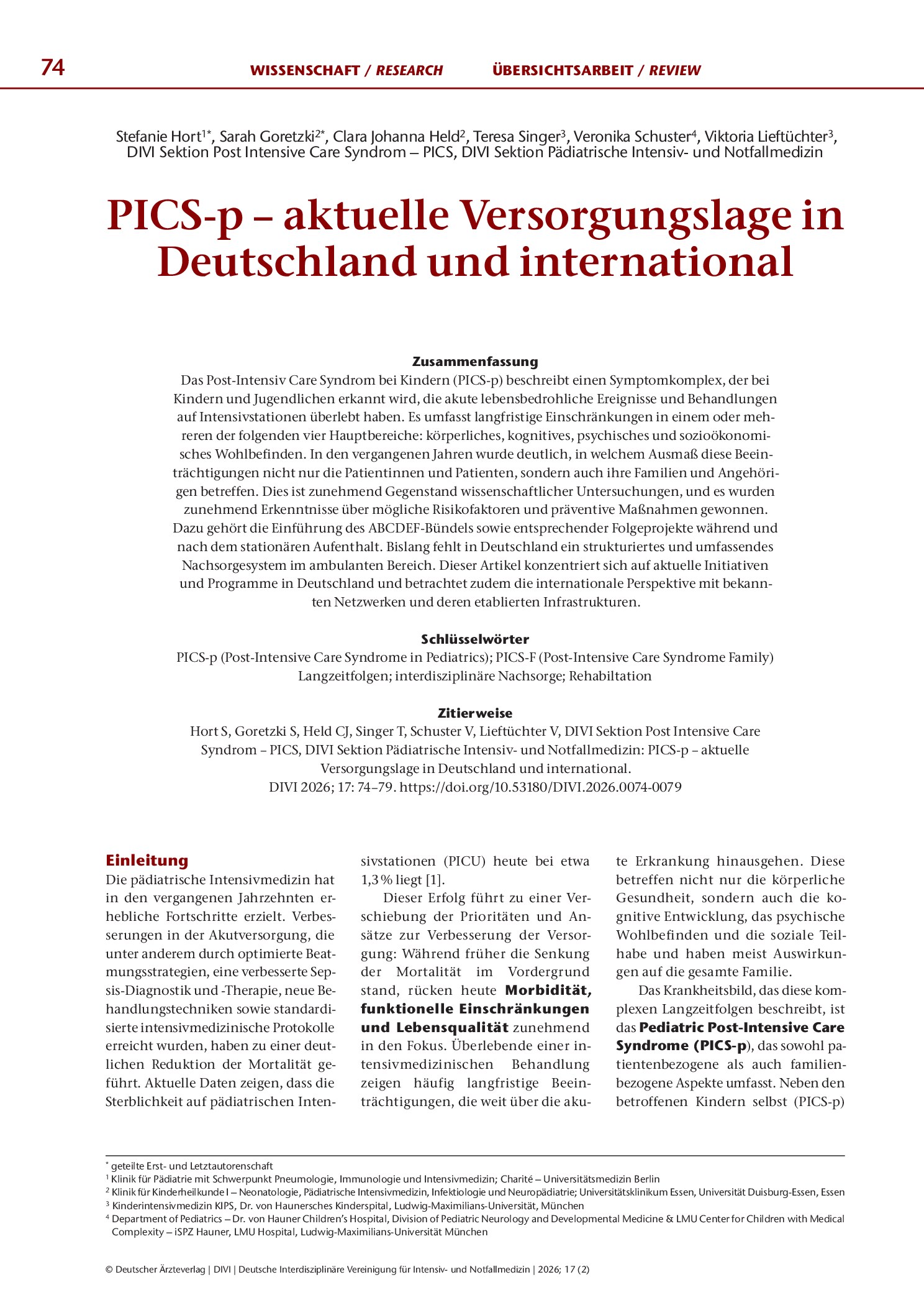 Vorschauseite 1: PICS-p – aktuelle Versorgungslage in Deutschland und international