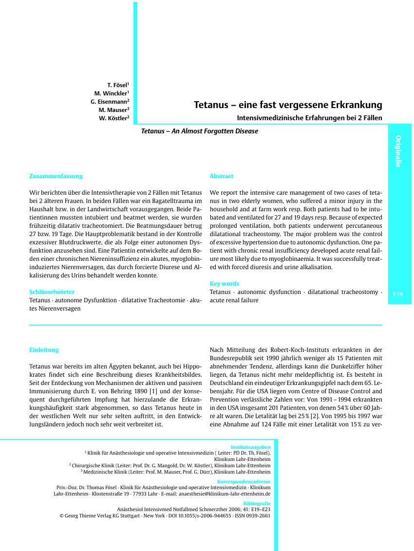 Vorschauseite 1: Tetanus ± eine fast vergessene Erkrankung - Intensivmedizinische Erfahrungen bei 2 Fällen