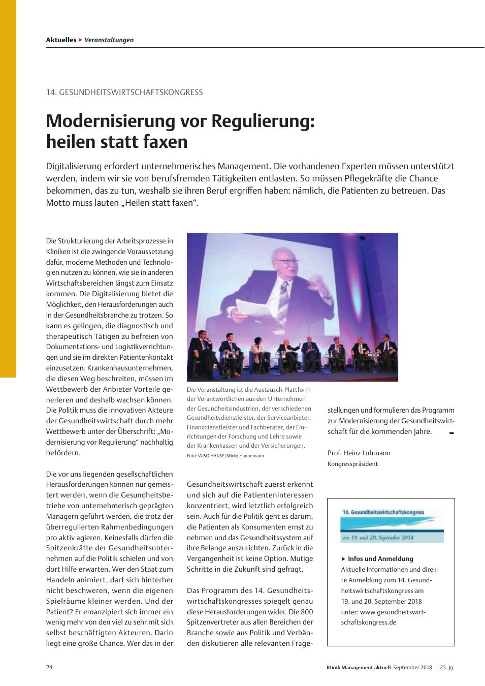 Vorschauseite 1: 14. Gesundheitswirtschaftskongress: Modernisierung vor Regulierung: heilen statt faxen