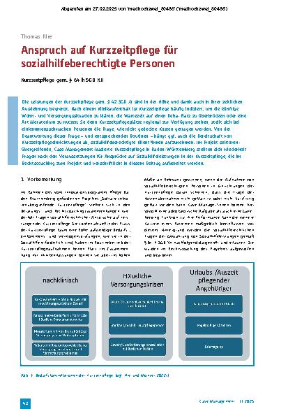 Vorschauseite 1: Anspruch auf Kurzzeitpflege für sozialhilfeberechtigte Personen