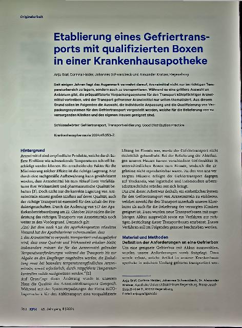 Vorschauseite 1: Etablierung eines Gefriertransports mit qualifizierten Boxen in einer Krankenhausapotheke