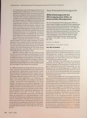 Vorschauseite 1: Zum Personalvertretungsrecht Mitbestimmungsrecht bei Übertragung eines höher zu bewertenden Dienstpostens