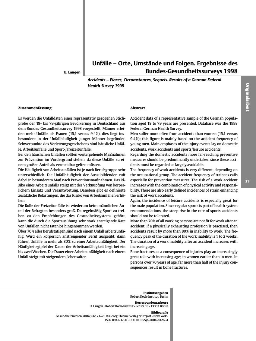 Vorschauseite 1: Unfälle - Orte, Umstände und Folgen. Ergebnisse des Bundes-Gesundheitssurveys 1998