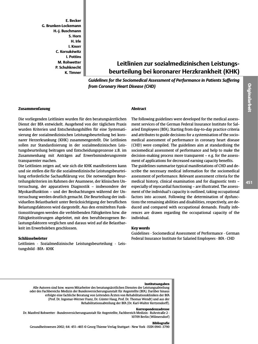 Vorschauseite 1: Leitlinien zur sozialmedizinischen Leistungsbeurteilung bei koronarer Herzkrankheit (KHK)