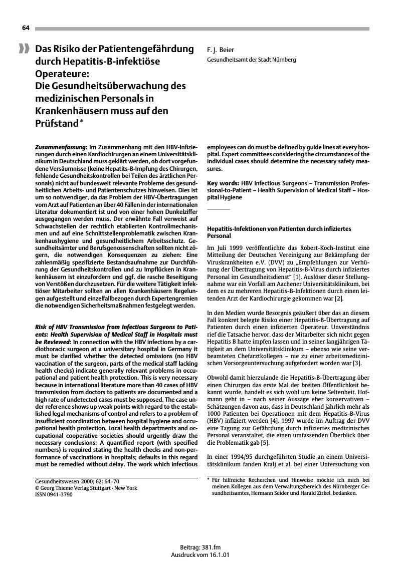 Vorschauseite 1: Das Risiko der Patientengefährdung durch Hepatitis-B-infektiöse Operateure: Die Gesundheitsüberwachung des medizinischen Personals in Krankenhäusern muss auf den Prüfstand*