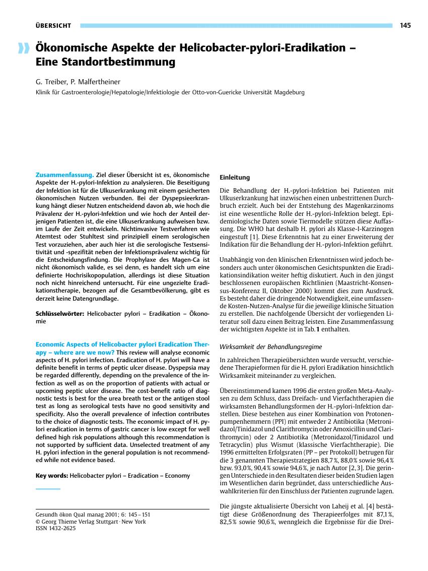 Vorschauseite 1: Ökonomische Aspekte der Helicobacter-pylori-Eradikation - Eine Standortbestimmung