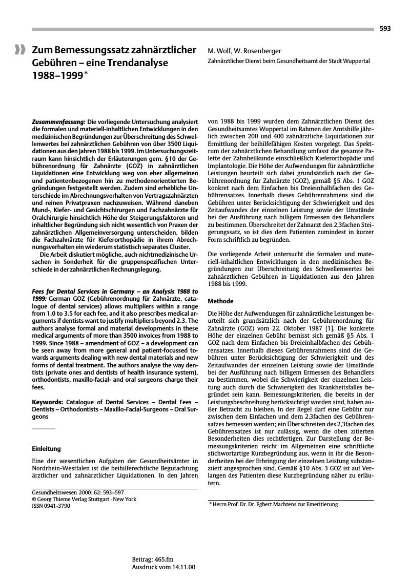Vorschauseite 1: Zum Bemessungssatz zahnärztlicher Gebühren - eine Trendanalyse 1988-1991*