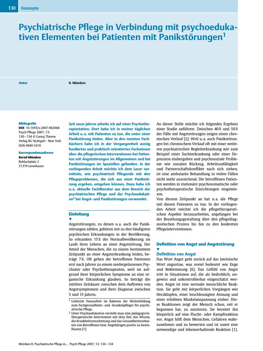 Vorschauseite 1: Psychiatrische Pflege in Verbindung mit psychoedukativen Elementen bei Patienten mit Panikstörungen