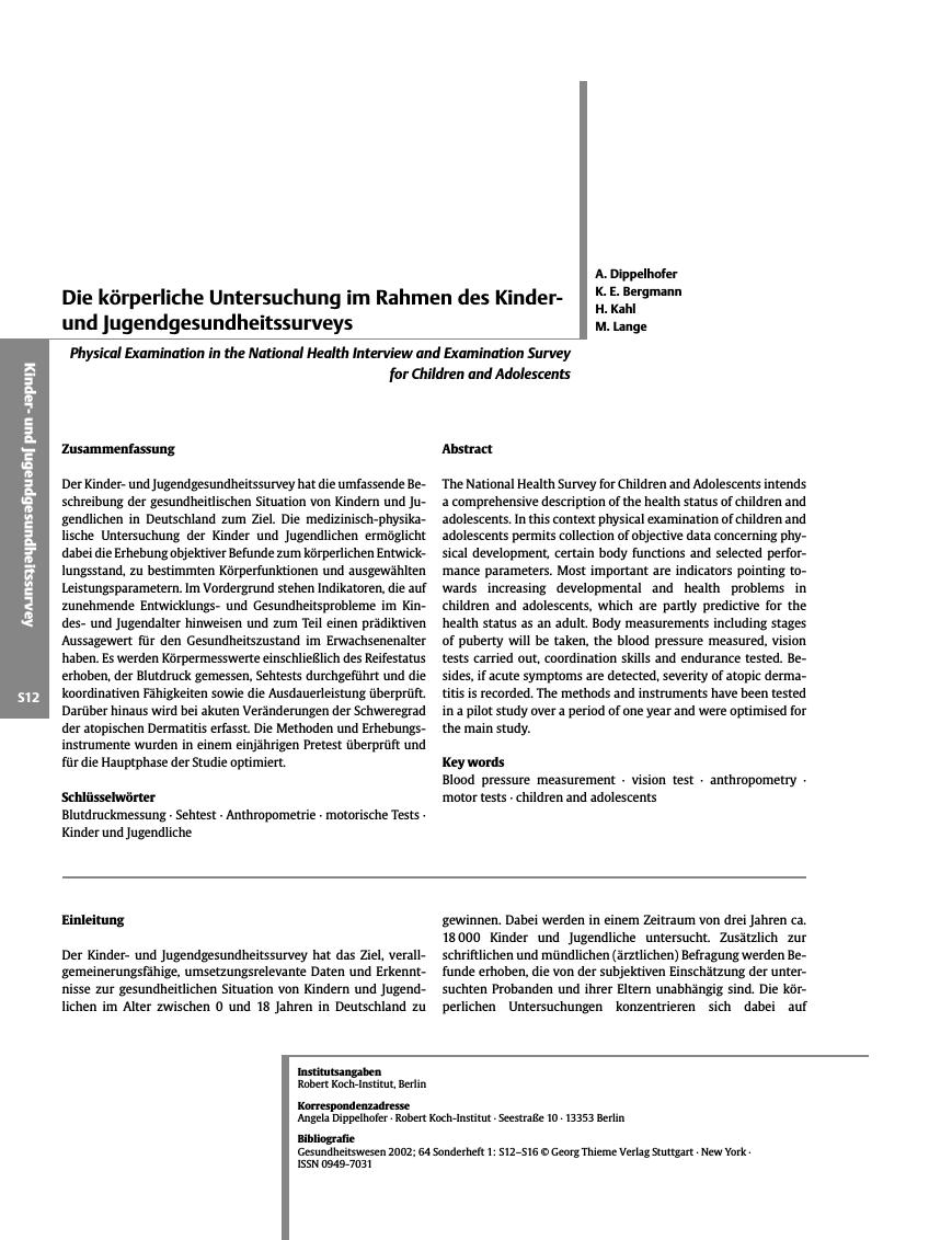 Vorschauseite 1: Die körperliche Untersuchung im Rahmen des Kinderund Jugendgesundheitssurveys