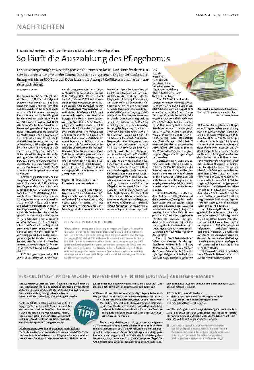 Vorschauseite 1: So läuft die Auszahlung des Pflegebonus.