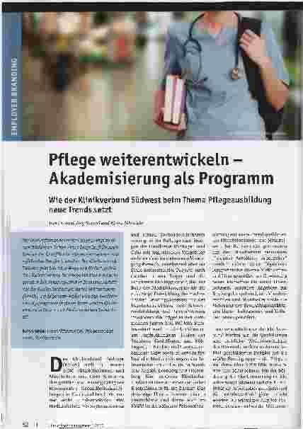 Vorschauseite 1: Pflege weiterentwickeln - Akademisierung als Programm. Wie der Klinikverbund Südwest beim Thema Pflegeausbildung neue Trends setzt.