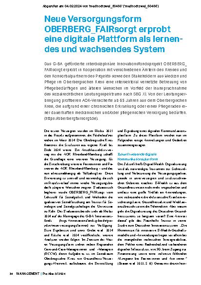 Vorschauseite 1: Neue Versorgungsform OBERBERG_FAIRsorgt erprobt eine digitale Plattform als lernendes und wachsendes System.