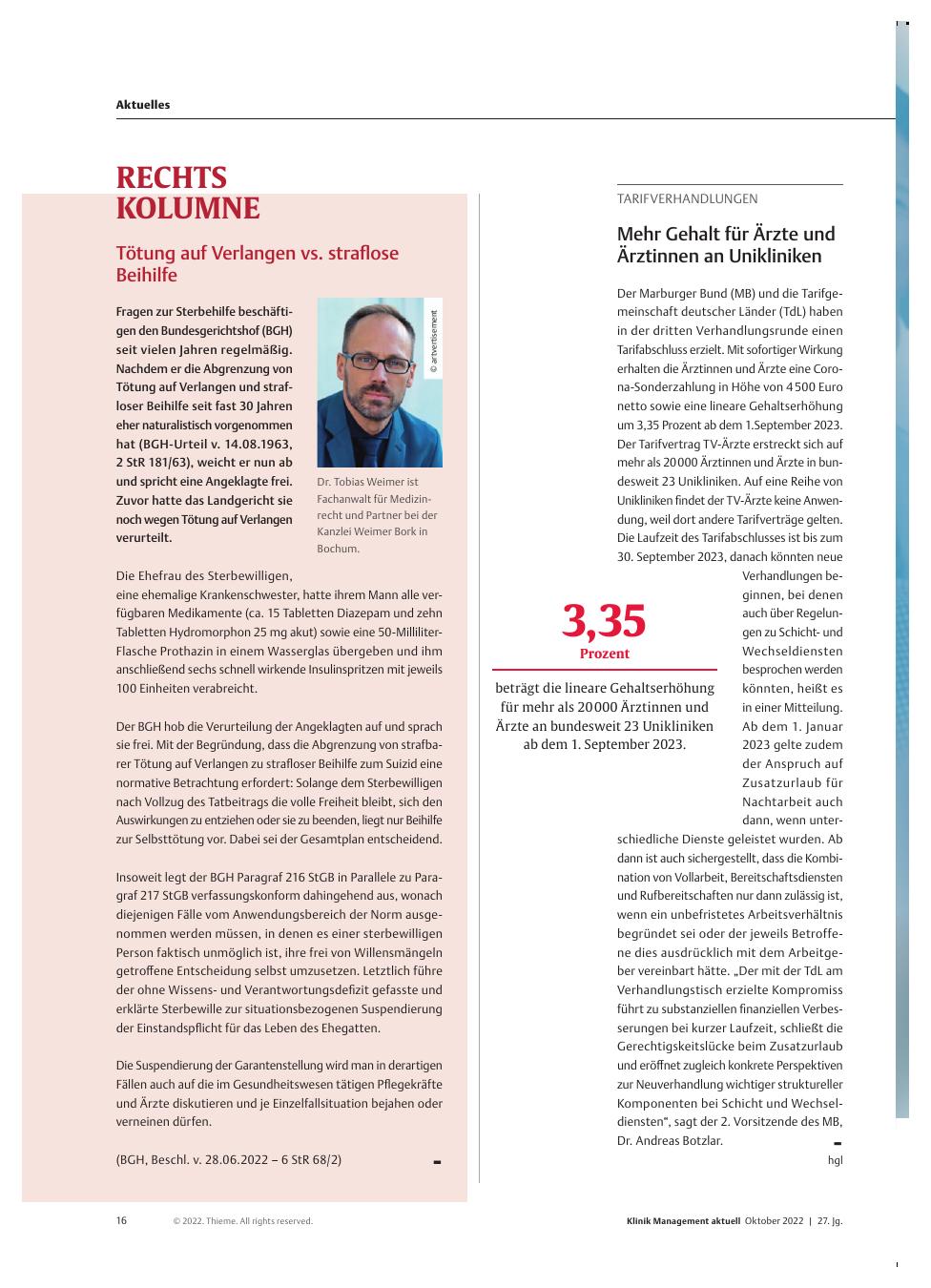 Vorschauseite 1: Rechtskolumne: Tötung auf Verlangen vs. straflose Beihilfe