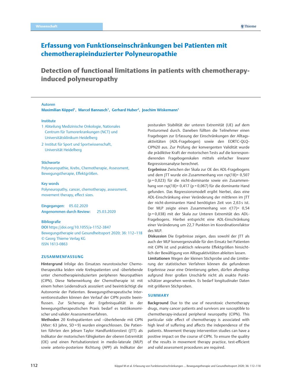 Vorschauseite 1: Erfassung von Funktionseinschränkungen bei Patienten mit Chemotherapie-induzierter Polyneuropathie