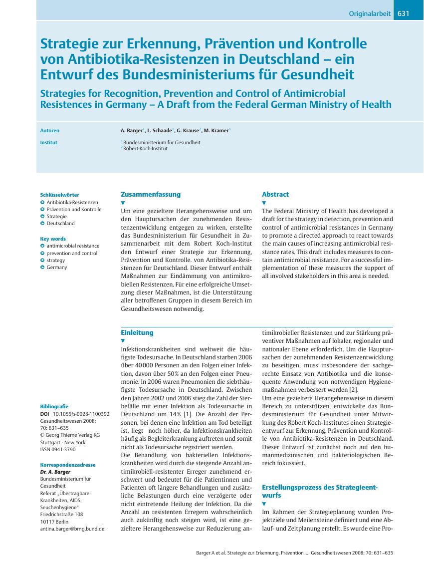 Vorschauseite 1: Strategie zur Erkennung, Prävention und Kontrolle von Antibiotika-Resistenzen in Deutschland? ein Entwurf des Bundesministeriums für Gesundheit