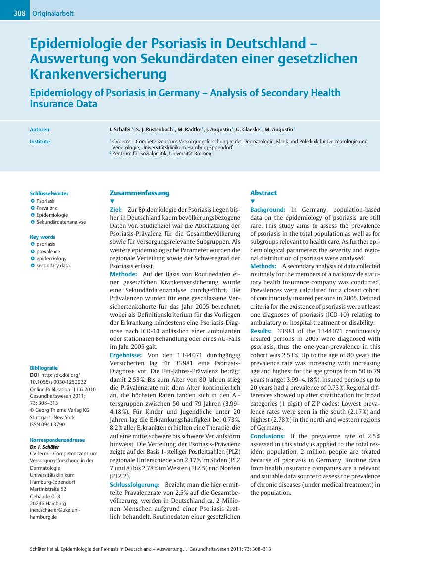 Vorschauseite 1: Epidemiologie der Psoriasis in Deutschland – Auswertung von Sekundärdaten einer gesetzlichen Krankenversicherung