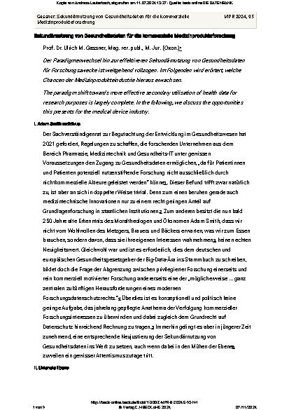 Vorschauseite 1: Sekundärnutzung von Gesundheitsdaten für die kommerzielle Medizinprodukteforschung