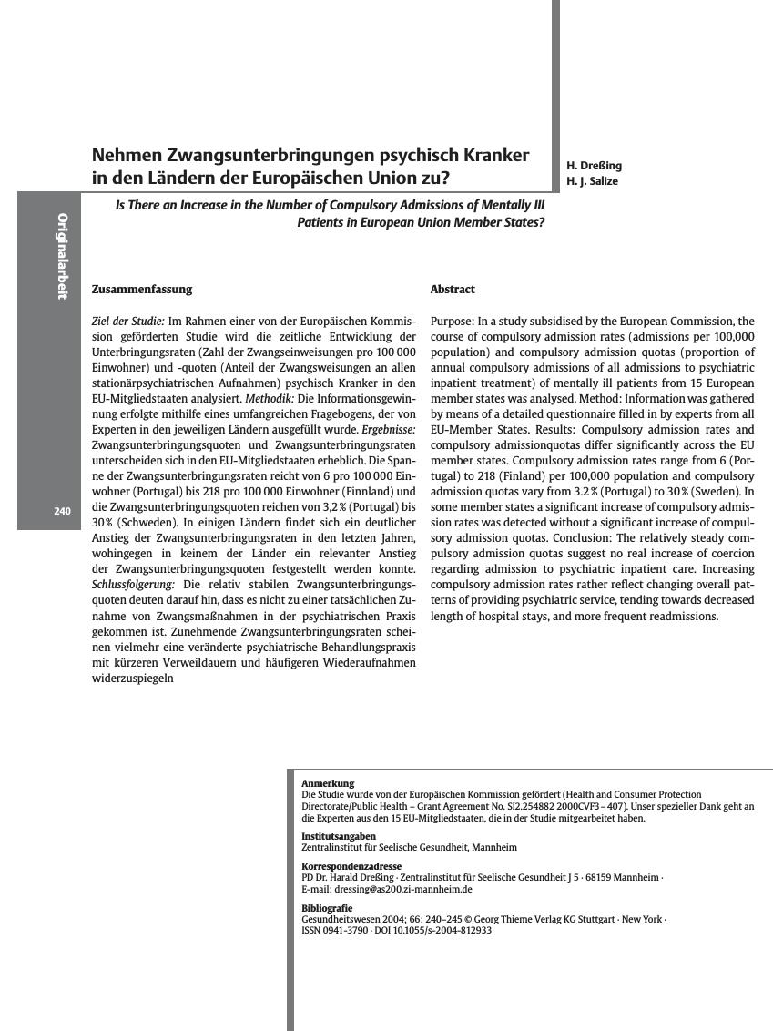 Vorschauseite 1: Nehmen Zwangsunterbringungen psychisch Kranker in den Ländern der Europäischen Union zu?