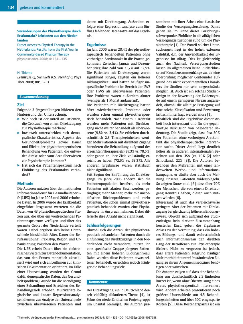 Vorschauseite 1: Veränderungen der Physiotherapie durch Erstkontakt? Lektionen aus den Niederlanden