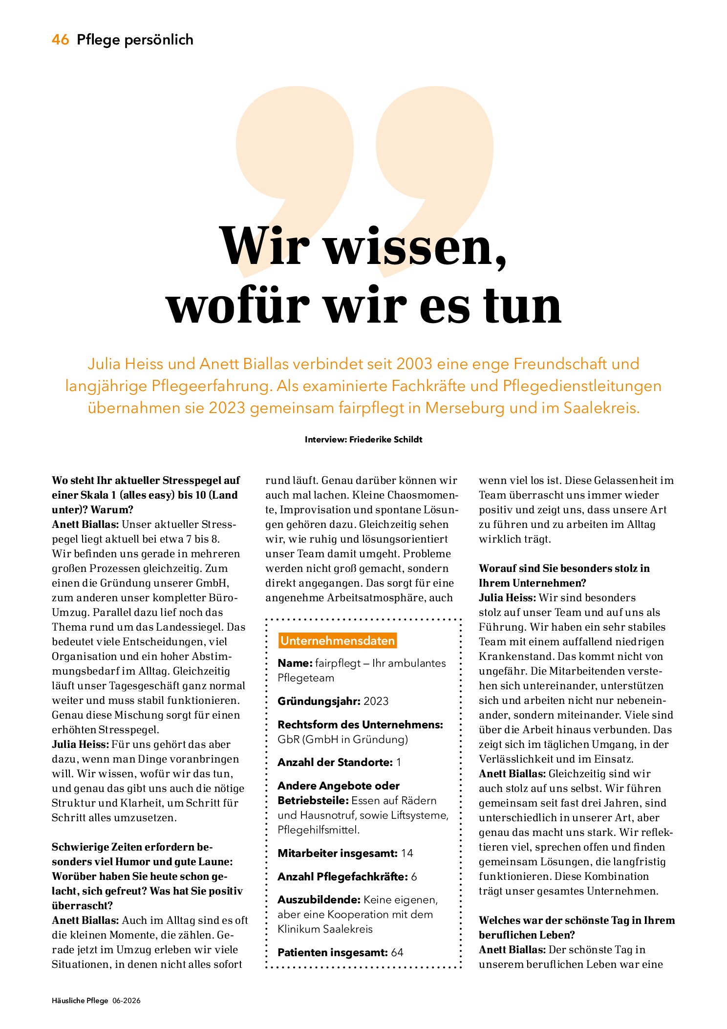 Vorschauseite 1: Wir wissen, wofür wir es tun