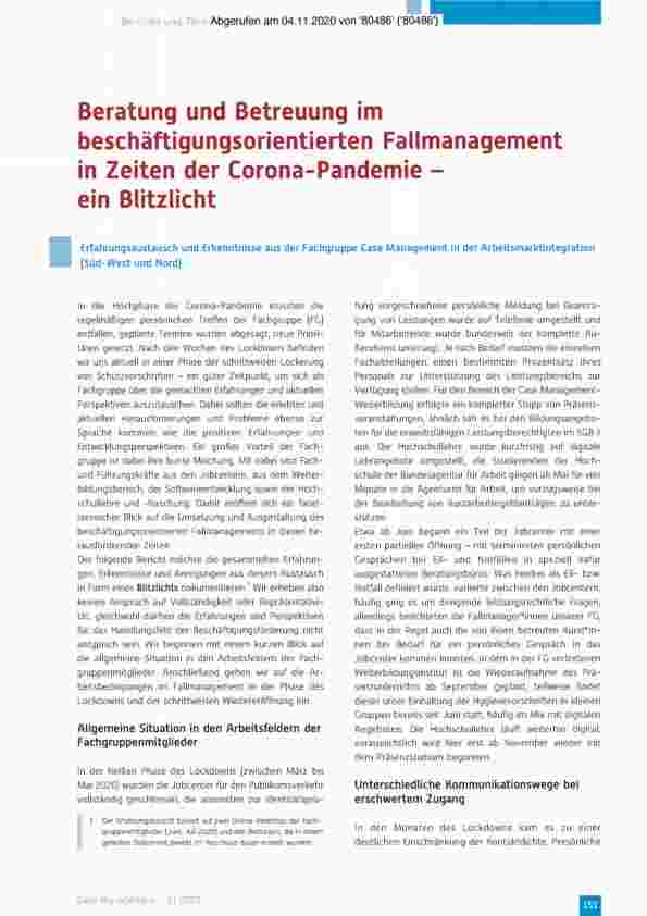 Vorschauseite 1: Beratung und Betreuung im beschäftigungsorientierten Fallmanagement in Zeiten der Corona-Pandemie - ein Blitzlicht