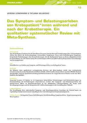 Vorschauseite 1: Das Symptomund Belastungserleben von Krebspatient*innen während und nach der Krebstherapie. Ein qualitativer systematischer Review mit Meta-Synthese.