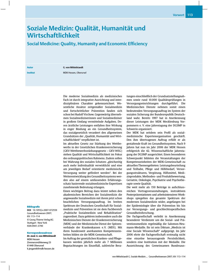 Vorschauseite 1: Soziale Medizin: Qualität, Humanität und Wirtschaftlichkeit