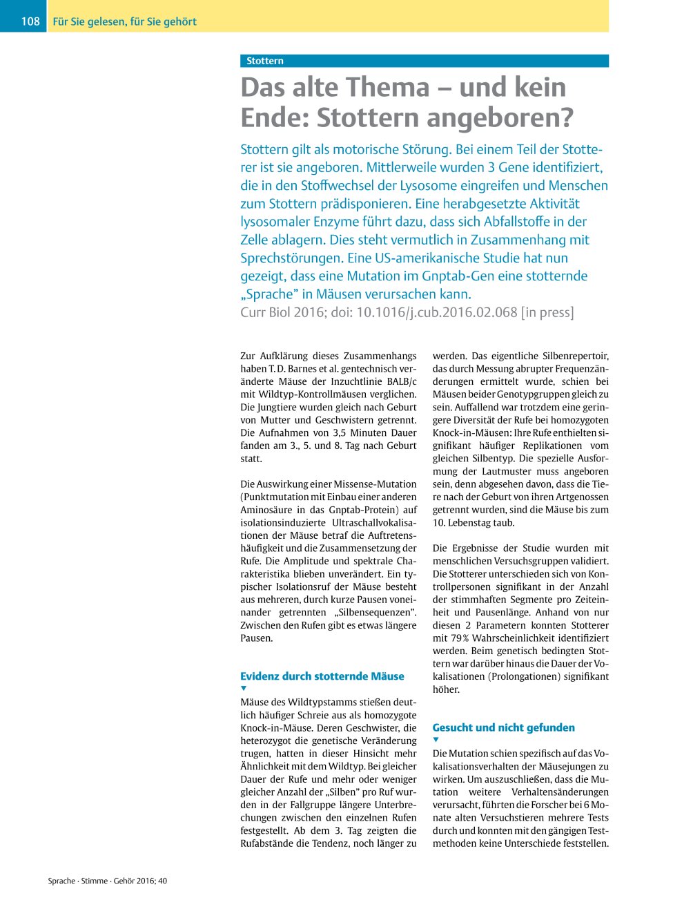 Vorschauseite 1: Stottern – Das alte Thema – und kein Ende: Stottern angeboren?