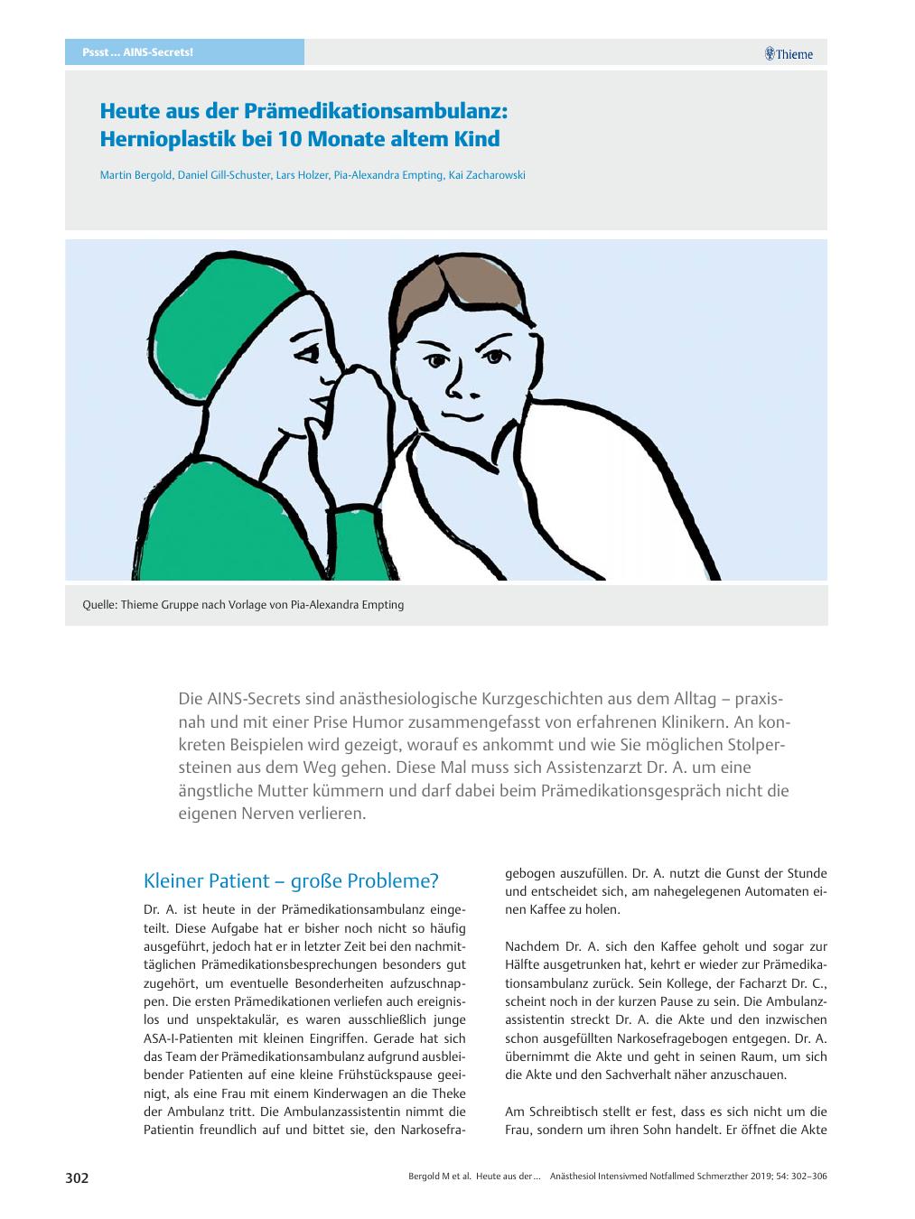 Vorschauseite 1: Heute aus der Prämedikationsambulanz: Hernioplastik bei 10 Monate altem Kind
