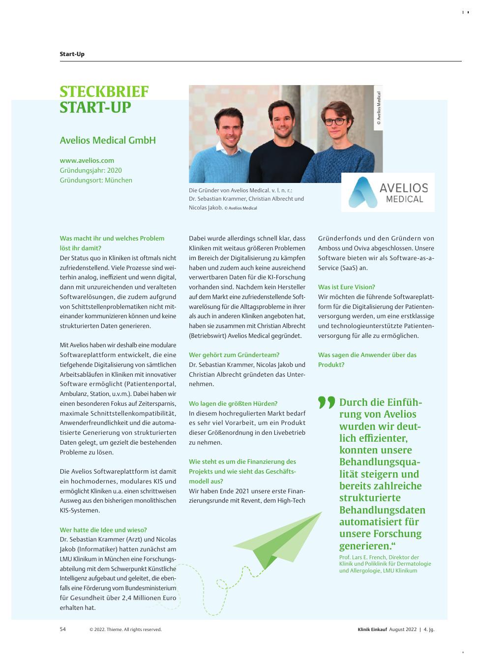 Vorschauseite 1: Steckbrief Start-up: Avelios Medical GmbH