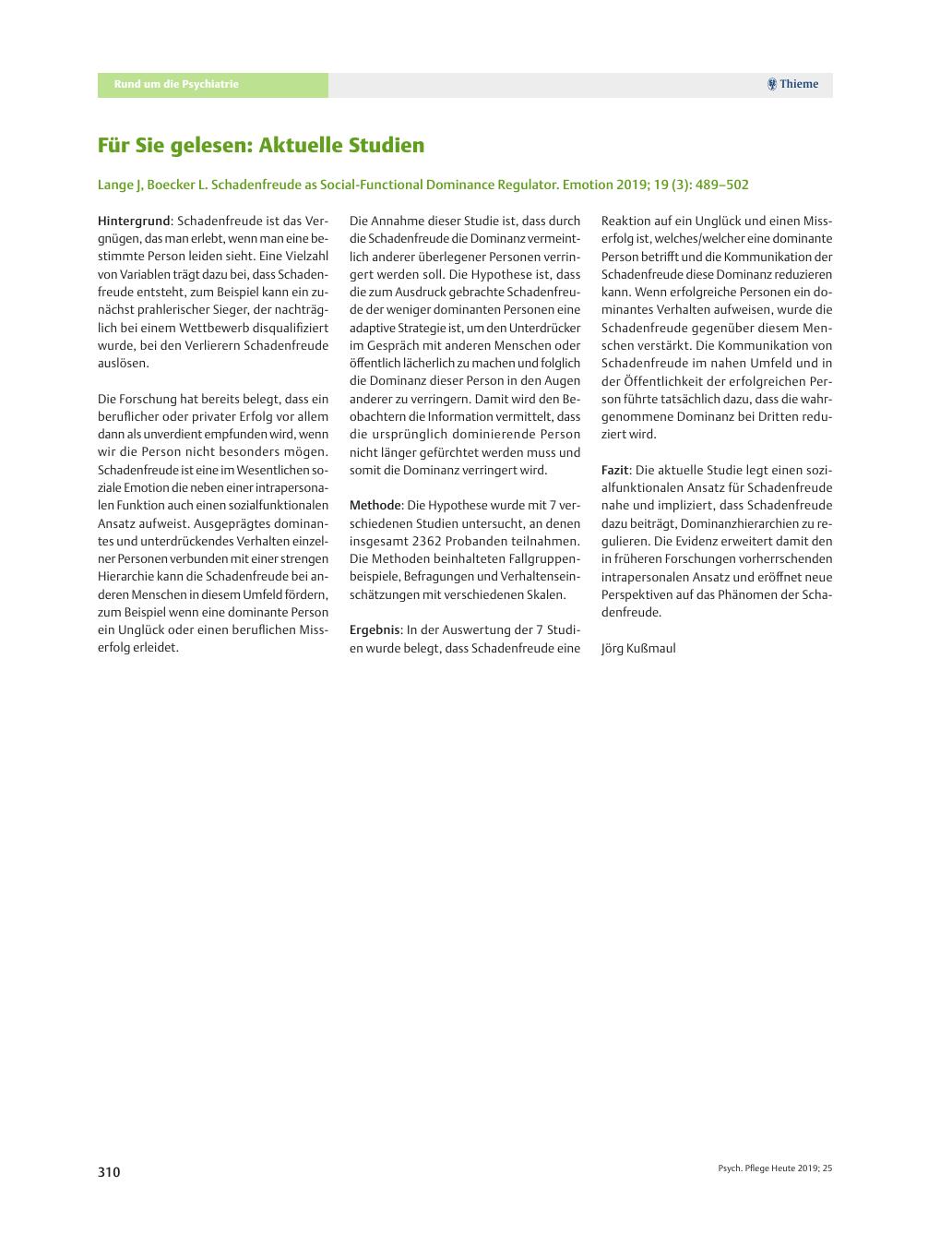 Vorschauseite 1: Für Sie gelesen: Aktuelle Studien: Lange J, Boecker L. Schadenfreude as Social-Functional Dominance Regulator. Emotion 2019; 19 (3): 489–502