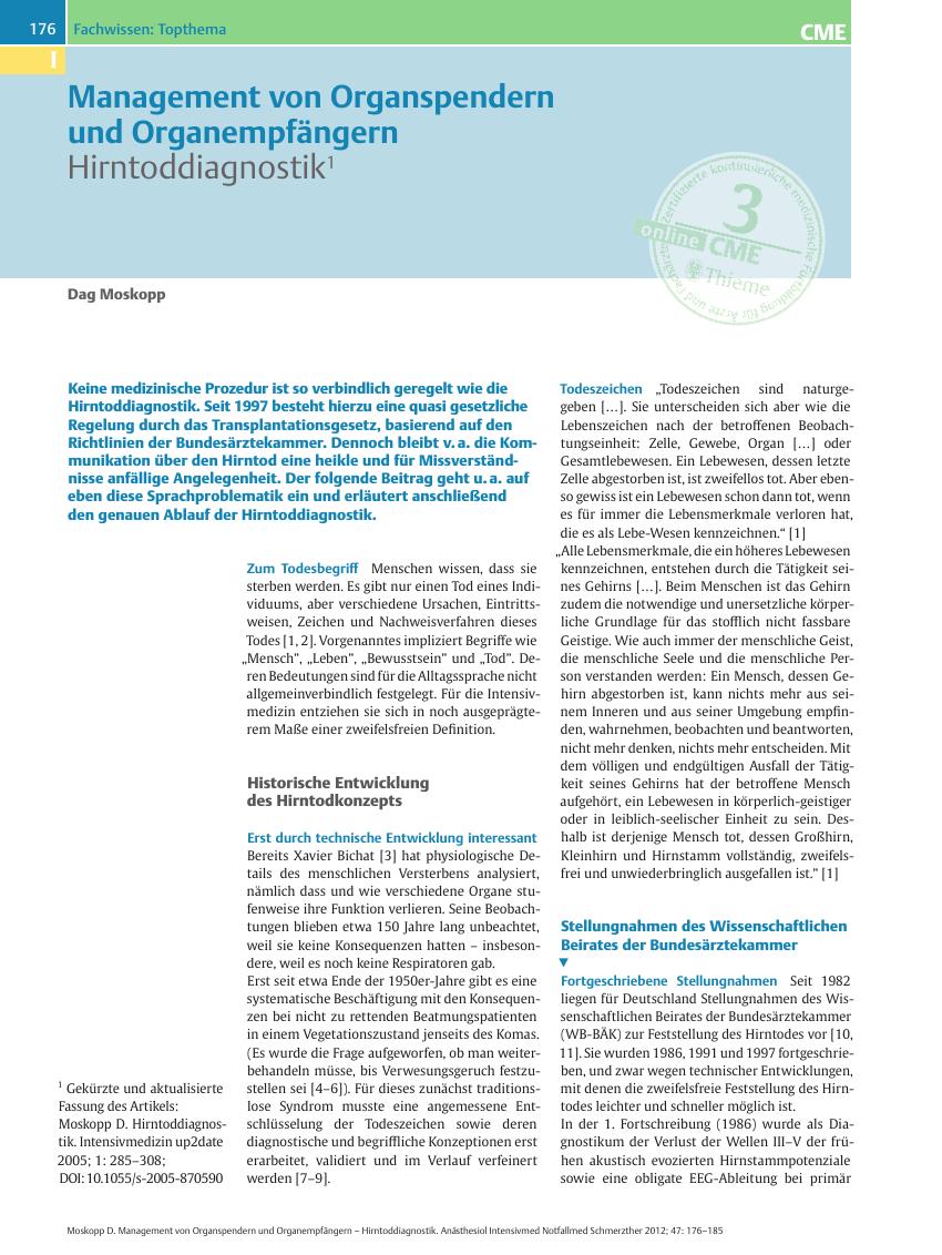 Vorschauseite 1: Management von Organspendern und Organempfängern – Hirntoddiagnostik
