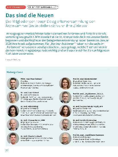 Vorschauseite 1: Das sind die Neuen. Die Mitglieder der neuen Delegiertenversammlung der Ärztekammer Berlin stellen sich und ihre Ziele vor.