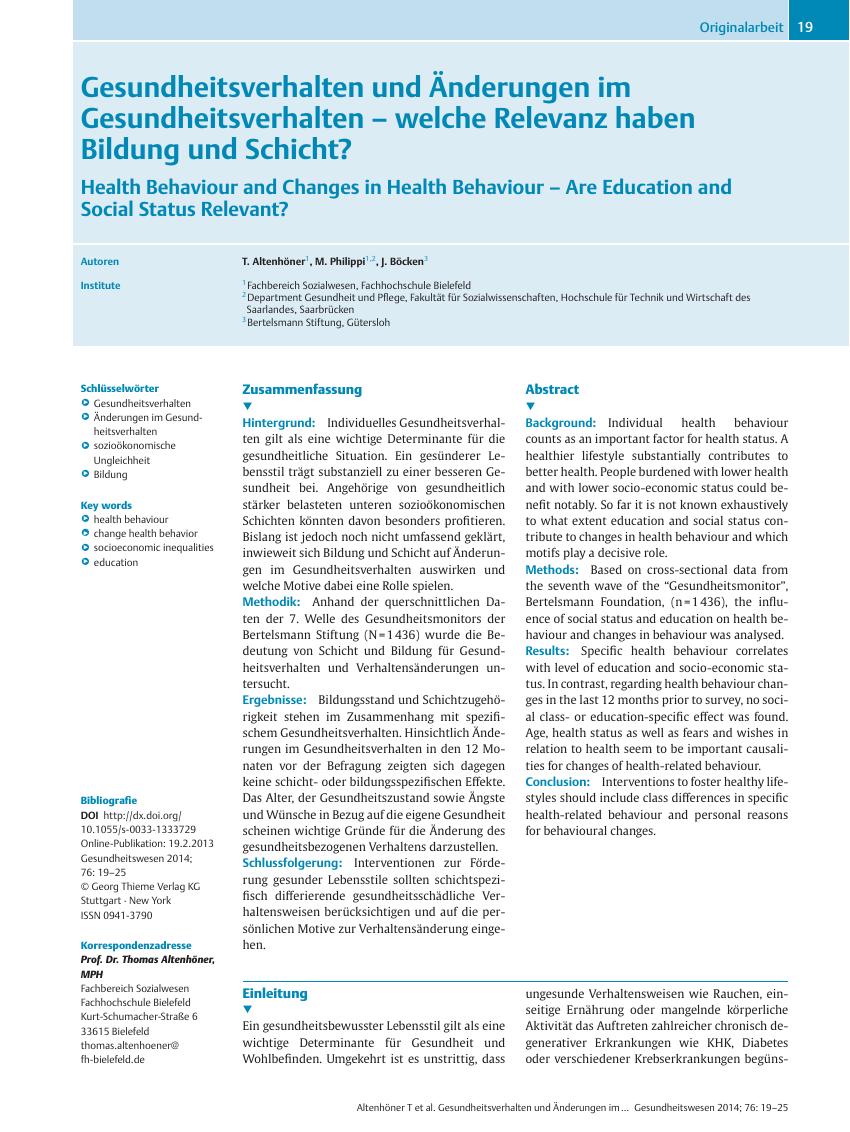 Vorschauseite 1: Gesundheitsverhalten und Änderungen im Gesundheitsverhalten – welche Relevanz haben Bildung und Schicht?